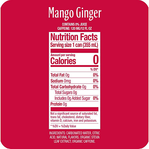 Zevia Zero Sugar Naturally Sweetened Energy Drink, Mango Ginger, 12 oz Can, 12/Carton (0195112)