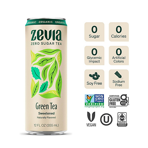 Zevia Zero Sugar Naturally Sweetened Green Tea, Green, 12 oz Can, 12/Carton (0170612)