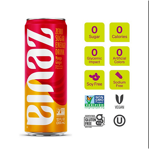 Zevia Zero Sugar Naturally Sweetened Energy Drink, Mango Ginger, 12 oz Can, 12/Carton (0195112)