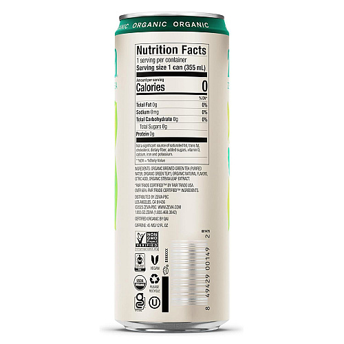 Zevia Zero Sugar Naturally Sweetened Green Tea, Green, 12 oz Can, 12/Carton (0170612)