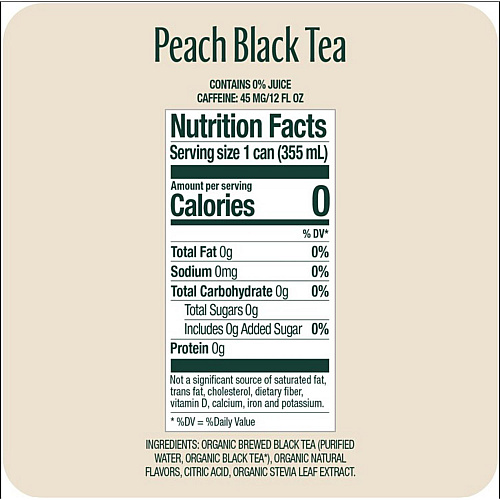 Zevia Zero Sugar Naturally Sweetened Black Tea, Peach, 12 oz Can, 12/Carton (0170412)