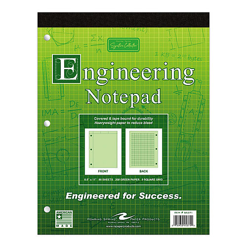 Roaring Spring Covered Engineering Pad, 5 sq/in Quadrille Rule, 80 Green 8.5 x 11 Sheets, 24/Carton (95371CS)