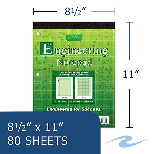 Roaring Spring Covered Engineering Pad, 5 sq/in Quadrille Rule, 80 Green 8.5 x 11 Sheets, 24/Carton (95371CS)
