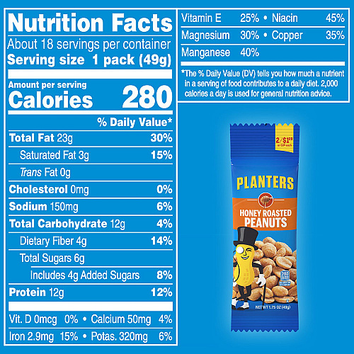 Planters Honey Roasted Peanuts, 1.75 oz Tubes, 18 Tubes/Box, 2 Boxes/Carton (60004059)