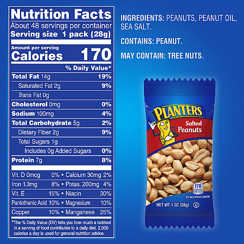 Planters Salted Peanuts, 1 oz Pouch, 48/Box, 2 Boxes/Carton (60004074)