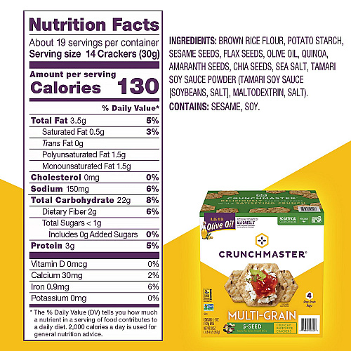 Crunchmaster 5-Seed Multi-Grain Crunchy Oven Baked Crackers, Original, 5 oz Bags, 4/Box, 2 Boxes/Carton (60004077)