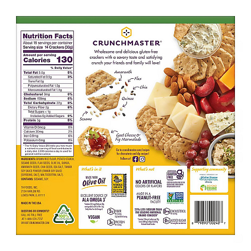 Crunchmaster 5-Seed Multi-Grain Crunchy Oven Baked Crackers, Original, 5 oz Bags, 4/Box, 2 Boxes/Carton (60004077)