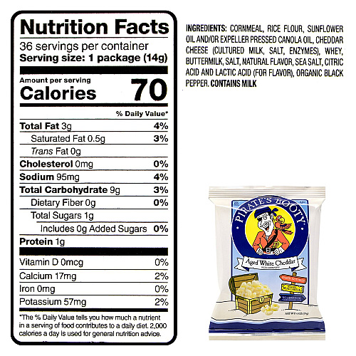 Pirate's Booty Natural Aged White Cheddar Baked Corn Puffs, 0.5 oz Bag, 36/Box, 2 Boxes/Carton (60004090)