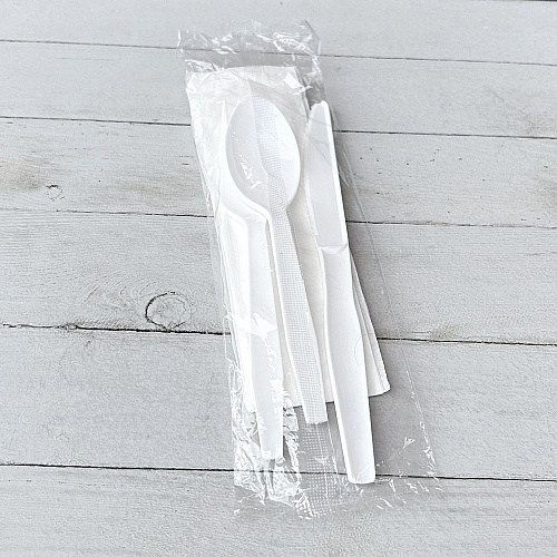 Boardwalk Four-Piece Cutlery Kit, Fork/Knife/Napkin/Teaspoon, Mediumweight, Polystyrene, White, 250/Carton (BWK4KITWHPS)