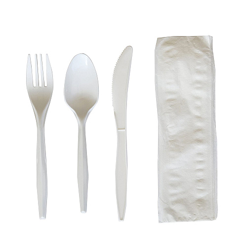 Boardwalk Four-Piece Polypropylene Cutlery Kit, Mediumweight, Fork/Knife/Napkin/Spoon, Plastic, White, 250/Carton (4COMBOKITPP)