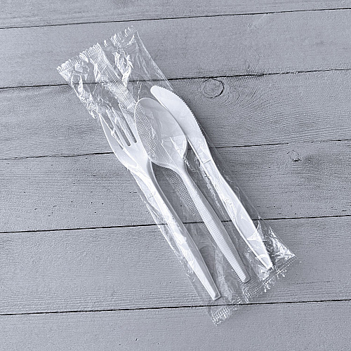 Boardwalk Three-Piece Cutlery Kit, Mediumweight, Fork/Knife/Spoon, 6.97", Plastic, White, 250/Carton (3COMBOKITPP)