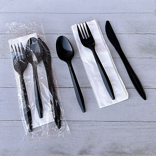 Boardwalk Four-Piece Cutlery Kit, Fork/Knife/Teaspoon/Napkin, Mediumweight, Black, 250/Carton (BWK4KITBLPP)