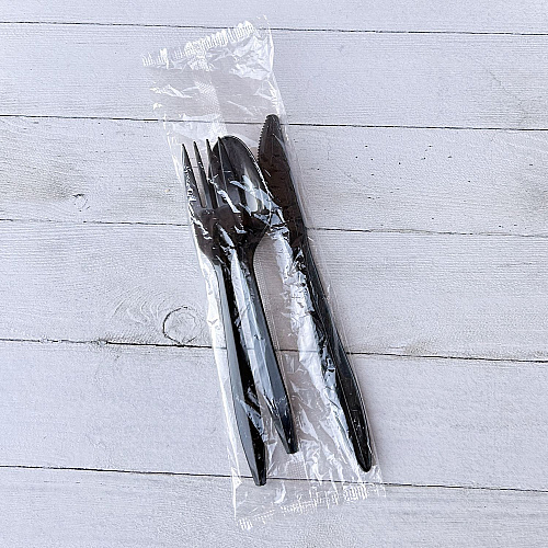 Boardwalk Three-Piece Cutlery Kit, Fork/Knife/Teaspoon, Polypropylene, Black, 250/Carton (BWK3KITBLPP)