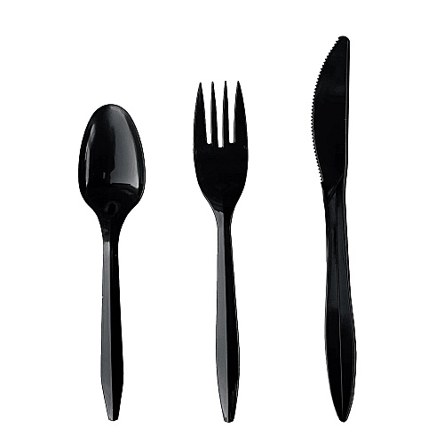 Boardwalk Four-Piece Cutlery Kit, Fork/Knife/Teaspoon/Napkin, Mediumweight, Black, 250/Carton (BWK4KITBLPP)