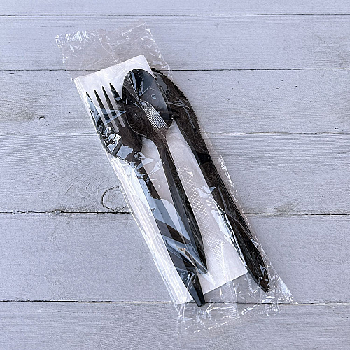 Boardwalk Four-Piece Cutlery Kit, Fork/Knife/Teaspoon/Napkin, Mediumweight, Black, 250/Carton (BWK4KITBLPP)