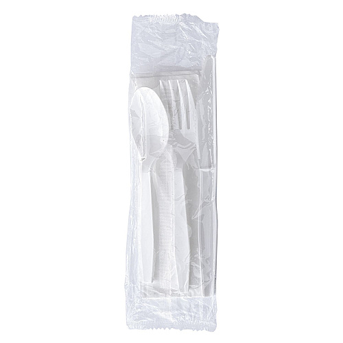 Boardwalk Four-Piece Cutlery Kit, Fork/Knife/Napkin/Teaspoon, Mediumweight, Polystyrene, White, 250/Carton (BWK4KITWHPS)
