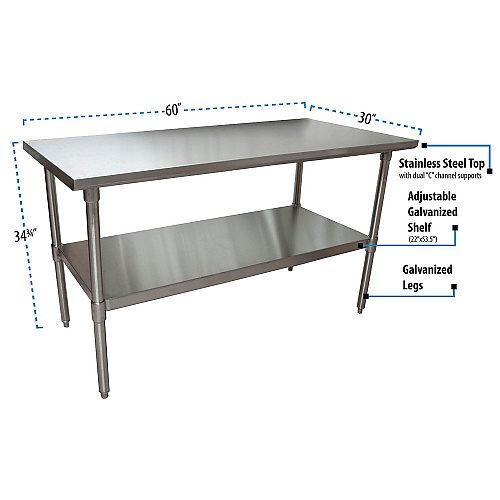 BK Resources Stainless Steel Flat Top Work Tables, 60w x 30d x 36h, Silver, 2/Pallet (2VT6030)