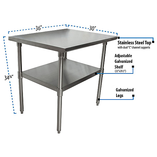 BK Resources Stainless Steel Flat Top Work Tables, 36w x 30d x 36h, Silver, 2/Pallet (2VT3630)