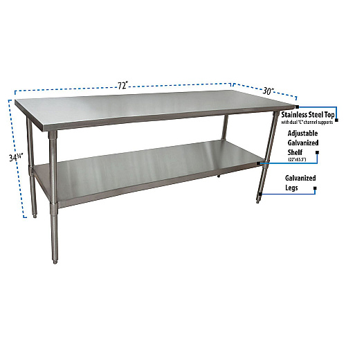 BK Resources Stainless Steel Flat Top Work Tables, 72w x 30d x 36h, Silver, 2/Pallet (2VT7230)