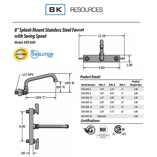 BK Resources Evolution Splash Mount Stainless Steel Faucet, 4.69" Height/12" Reach, Stainless Steel (EVO8SM12)