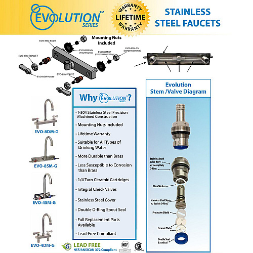 BK Resources Evolution Splash Mount Stainless Steel Faucet, 4.88" Height/10" Reach, Stainless Steel (EVO8SM10)