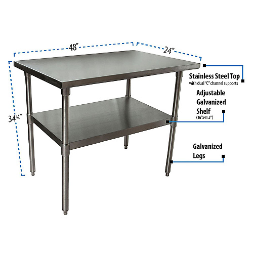 BK Resources Stainless Steel Flat Top Work Tables, 48w x 24d x 36h, Silver, 2/Pallet (2VT4824)