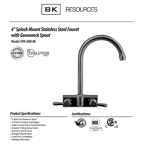 BK Resources Evolution Splash Mount Stainless Steel Faucet, 12.38" Height/8" Reach, Stainless Steel (EVO4SM8G)