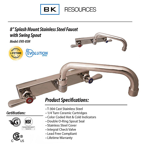 BK Resources Evolution Splash Mount Stainless Steel Faucet, 4.88" Height/10" Reach, Stainless Steel (EVO8SM10)