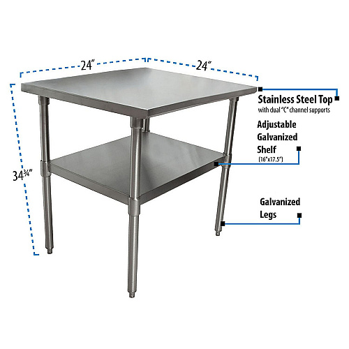 BK Resources Stainless Steel Flat Top Work Tables, 24w x 24d x 36h, Silver, 2/Pallet (2VT2424)