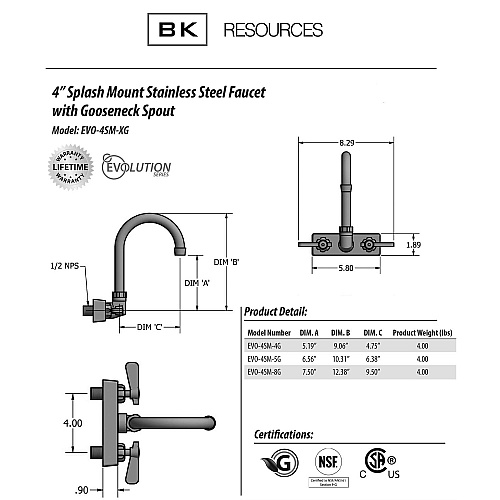 BK Resources Evolution Splash Mount Stainless Steel Faucet, 12.38" Height/8" Reach, Stainless Steel (EVO4SM8G)