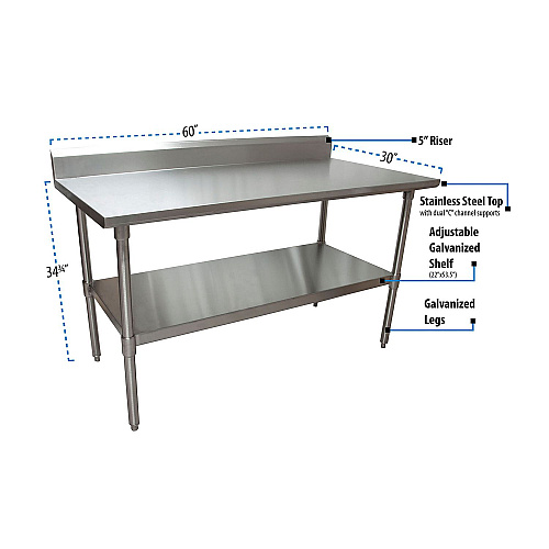 BK Resources Stainless Steel 5" Riser Top Tables, 60w x 30d x 39.75h, Silver, 2/Pallet (2VTR56030)