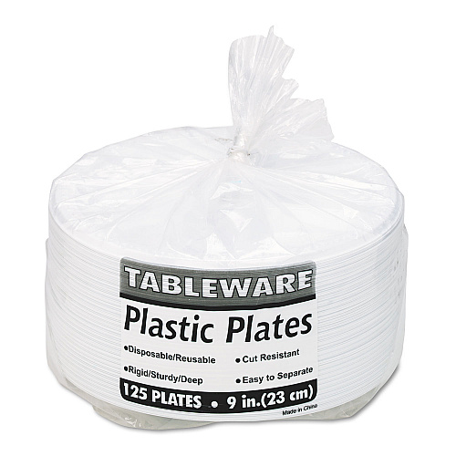 Tablemate Plastic Dinnerware, 3-Compartment Plates, 9" dia, White, 125/Pack (19644WH)