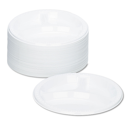 Tablemate Plastic Dinnerware, 3-Compartment Plates, 9" dia, White, 125/Pack (19644WH)