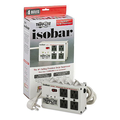 Tripp Lite Isobar Surge Protector with Diagnostic LEDs, 4 AC Outlets, 6 ft Cord, 3,330 J, Light Gray (ISOBAR4ULTRA)