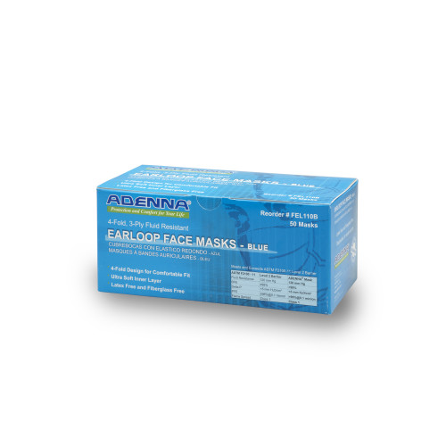 Blue Earloop Face Mask Adenna 3-ply 4-fold 50 Bx 10 Bxs C, Case Of 500 (FEL110B)
