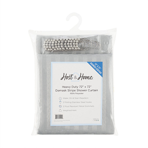 Host & Home Poly Shower Curtain Set 72x72 Damask Light Grey - Case Of 12 (SCSETD-7272-LG)
