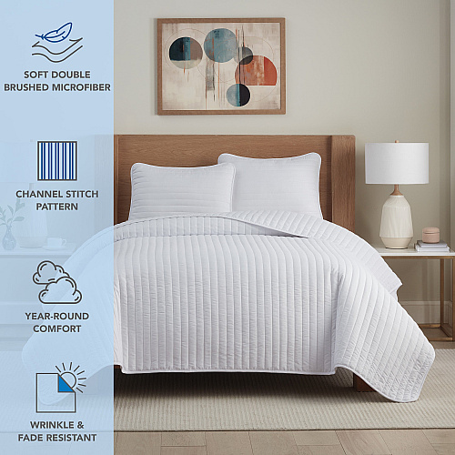 Host & Home Brushed Microfiber Quilt Set - Queen, White - Case Of 4 (MFQT-FQSET-WH)