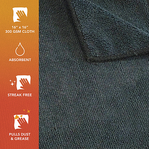 Microfiber Cloth 300gsm 16x16 Half-fold Black 12/b, Pack Of 12 (MFC3001616BK)