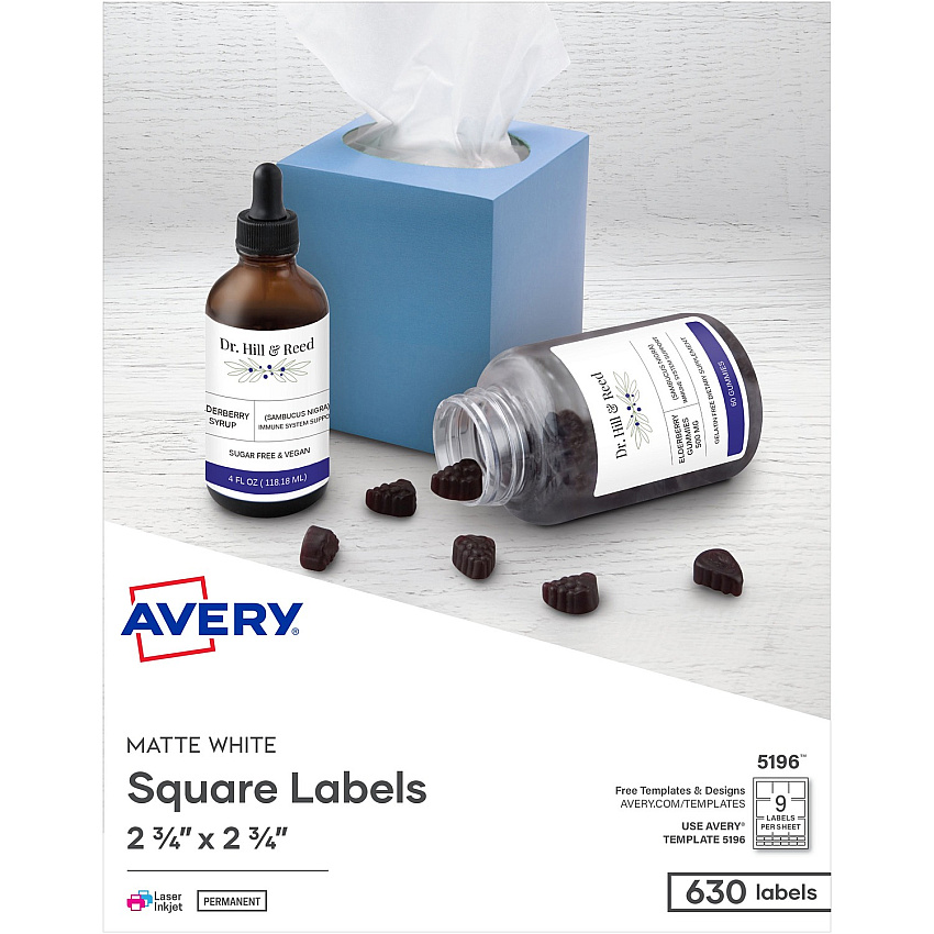 Avery&reg; 3-1/2" Diskette Labels 2 3/4" Width x 2 3/4" Length - Permanent Adhesive - Inkjet, Laser - Matte White - Paper - 9 / Sheet - 70 Total Sheets - 630 Total Label(s) - 630 / Box (5196)