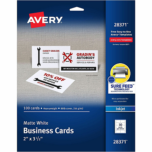 Avery&reg; Printable Business Cards with SureFeed 97 Brightness - 8 1/2" x 11" - 80 lb Basis Weight - 216 g/m² Grammage - Matte - Perforated, Smooth Edge, Recyclable, Biodegradable, Uncoated, Printable, Anti-jam, Double-sided, Smudge-free - W (28371)