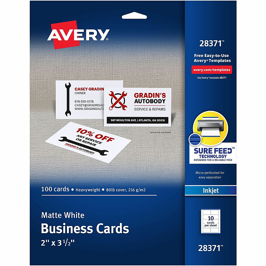 Avery&reg; Printable Business Cards with SureFeed 97 Brightness - 8 1/2" x 11" - 80 lb Basis Weight - 216 g/m² Grammage - Matte - Perforated, Smooth Edge, Recyclable, Biodegradable, Uncoated, Printable, Anti-jam, Double-sided, Smudge-free - W (28371)