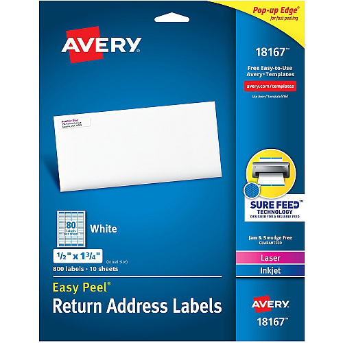 Avery&reg; Laser & Inkjet Return Address Labels 1/2" Width x 1 3/4" Length - Permanent Adhesive - Rectangle - Inkjet, Laser - Matte White - Matte - Paper - Permanent Adhesive, Peel & Stick, Smudge-free, Jam Resistant, Stick & Stay - 80 / Sheet - 8 (18167)