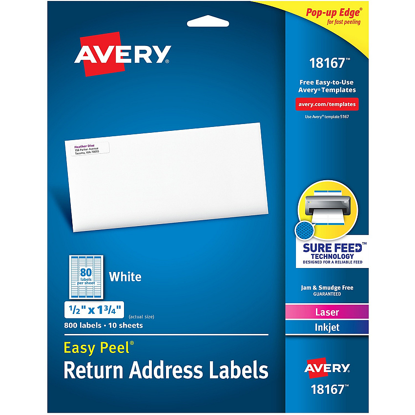 Avery&reg; Laser & Inkjet Return Address Labels 1/2" Width x 1 3/4" Length - Permanent Adhesive - Rectangle - Inkjet, Laser - Matte White - Matte - Paper - Permanent Adhesive, Peel & Stick, Smudge-free, Jam Resistant, Stick & Stay - 80 / Sheet - 8 (18167)