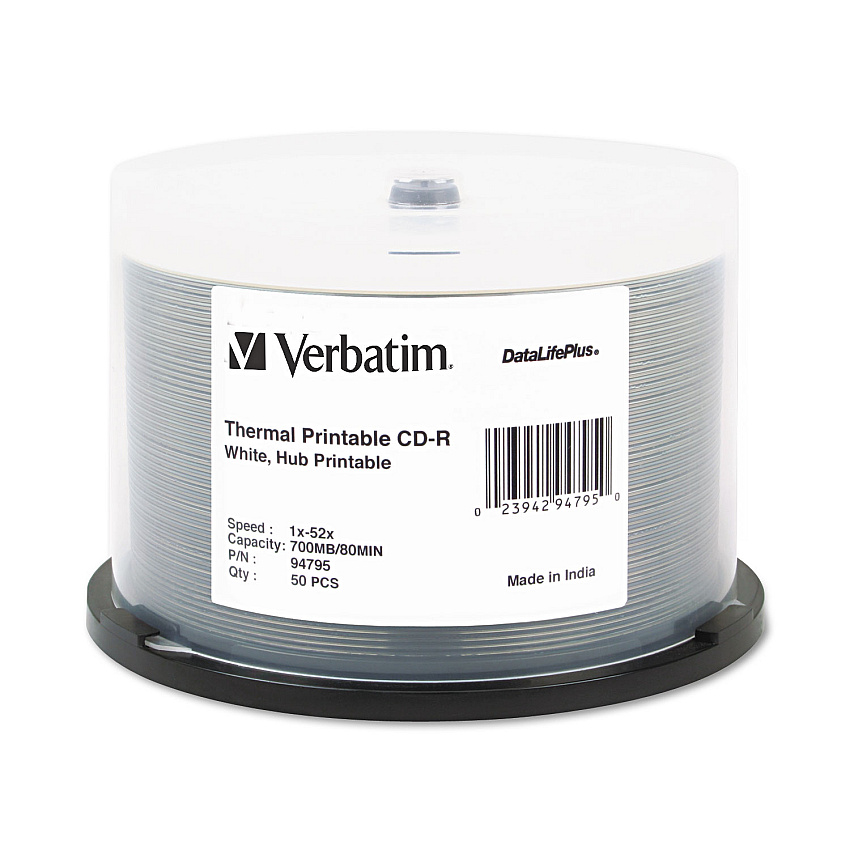 Verbatim CD-R DataLifePlus Printable Recordable Disc, 700 MB/80 min, 52x, Spindle, Hub Printable, White, 50/Pack (94795)