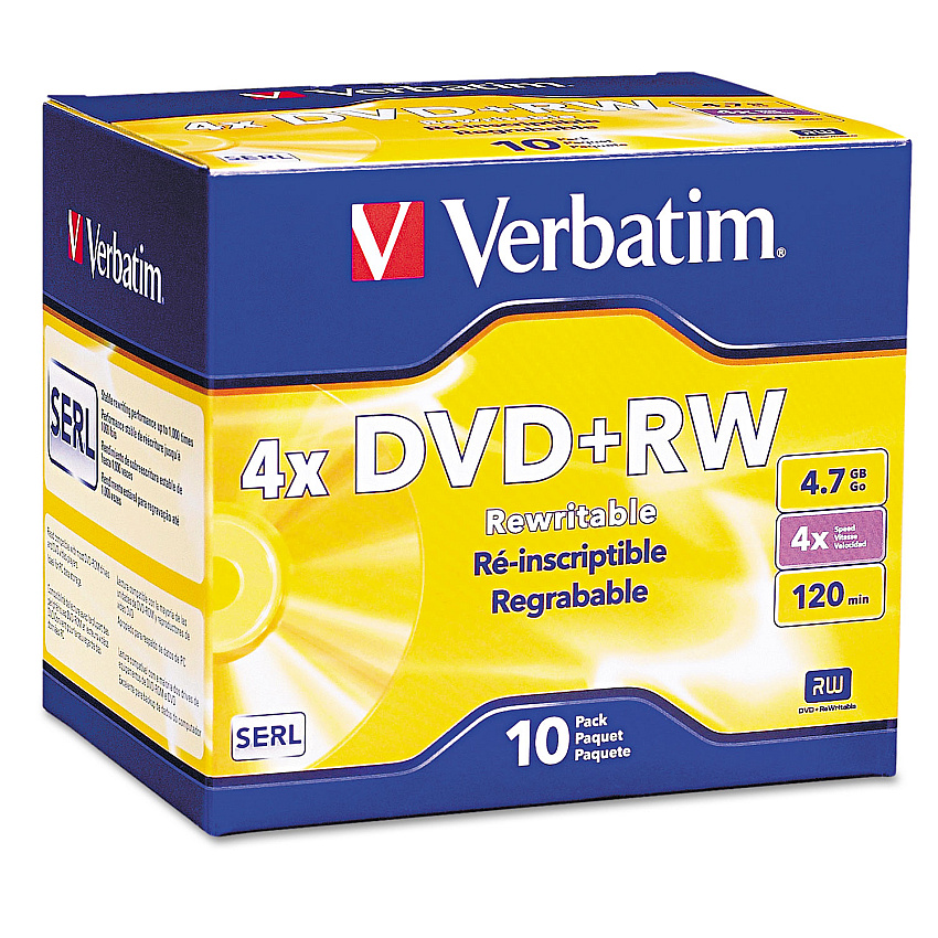 Verbatim DVD+RW Rewritable Disc, 4.7 GB, 4x, Slim Jewel Case, Silver, 10/Pack (94839)