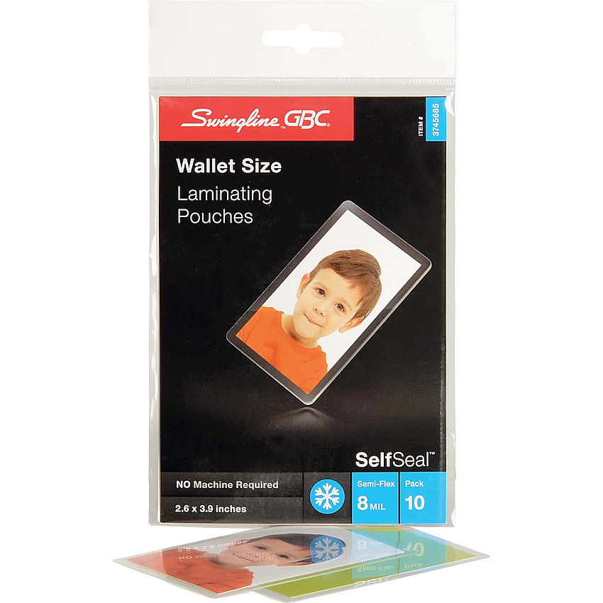 GBC Self Sealing Laminating Pouches Sheet Size Supported: Wallet-size - Laminating Pouch/Sheet Size: 2.38" Width x 3.88" Length x 8 mil Thickness - Glossy - for Document, Photo - Self-adhesive, Easy Peel, Durable - Clear - 10 / Pack (3745685)