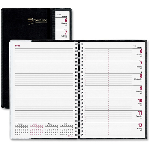 Brownline Pre-View Weekly Planner Weekly - 12 Month - January 2026 to December 2026 - 7:00 AM to 6:00 PM - Hourly - 6 3/4" x 8 1/2" Sheet Size - Twin Wire - Black - Paper - Soft Cover, Flexible Cover, Ruled, Notes Area, Foldable, Appointment Sc (CB920BLK)