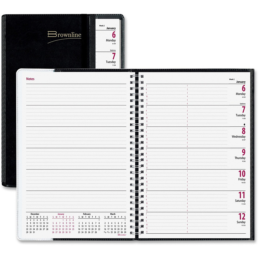 Brownline Pre-View Weekly Planner Weekly - 12 Month - January 2026 to December 2026 - 7:00 AM to 6:00 PM - Hourly - 6 3/4" x 8 1/2" Sheet Size - Twin Wire - Black - Paper - Soft Cover, Flexible Cover, Ruled, Notes Area, Foldable, Appointment Sc (CB920BLK)