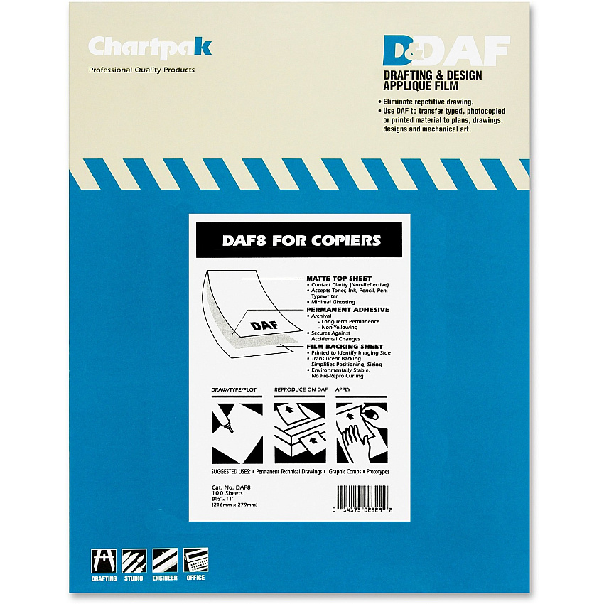 Chartpak 1.5 mil Applique Drafting Film 100 Sheets - Letter - 8.50" x 11" - Clear - Self-adhesive - For Printer - 100 / Box (DAF8)