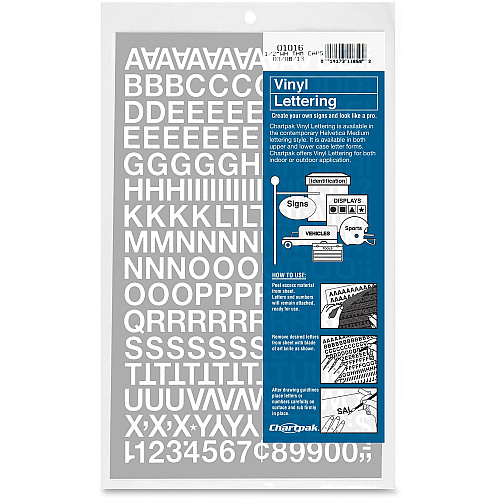 Chartpak Vinyl Helvetica Style Letters/Numbers 12 x Numbers, 167 x Capital Letters Shape - Self-adhesive - Helvetica Style - Easy to Use - 0.50" Height - White - Vinyl - 201 / Pack (01016)